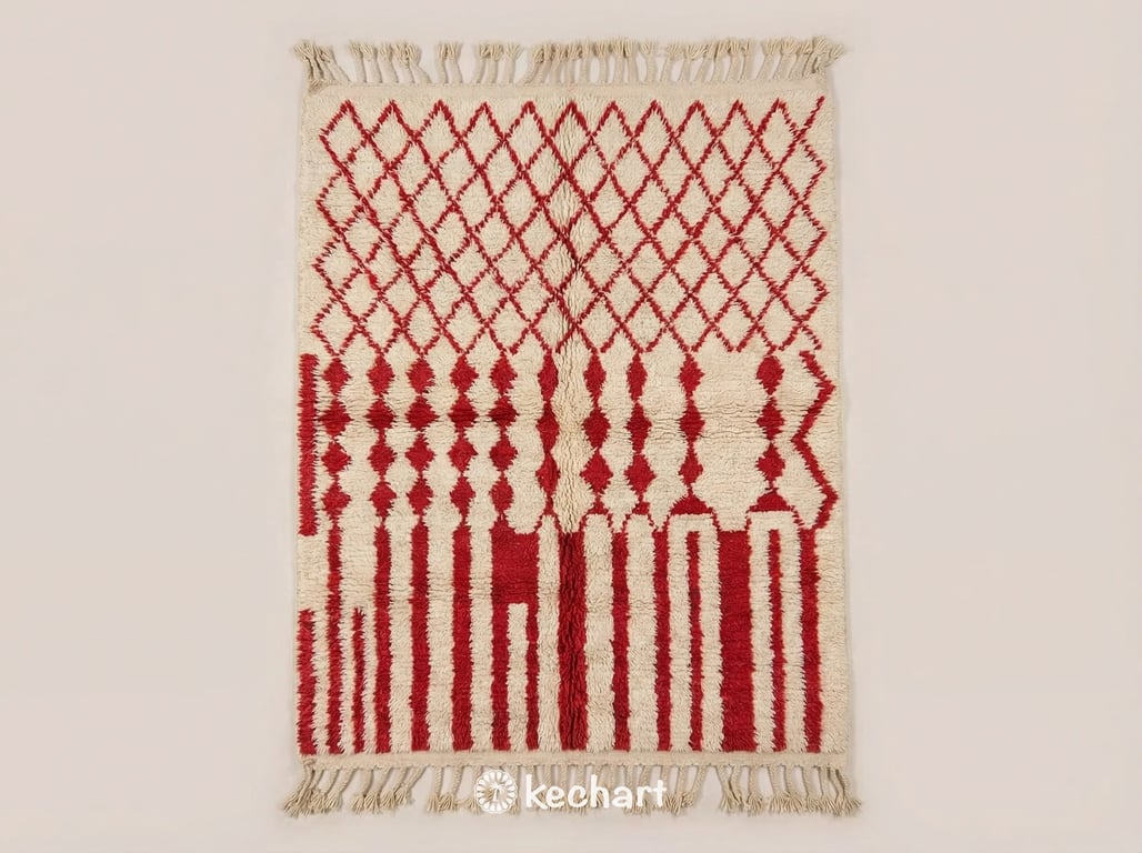 Custom Beni Ourain Moroccan Rug in striking 'Red Alert' color with subtle geometric diamond patterns. Handwoven plush wool texture, flat lay view showing traditional fringe.