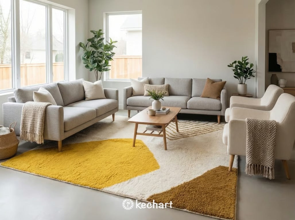 Runner size Berber wool rug with cream base and curry yellow geometric design lighting up a long hallway entryway with natural light.