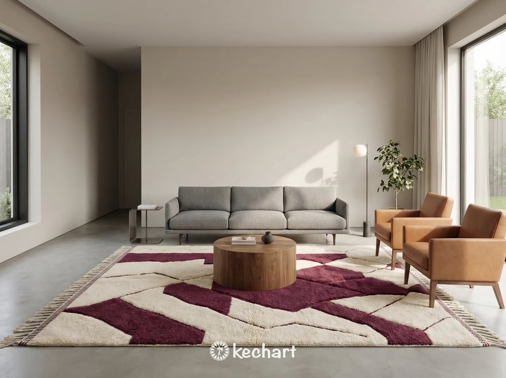 Bohemian bedroom decor featuring a made-to-order Beni Ourain high pile shag rug under a bed, adding warmth with its deep red geometric lines.
