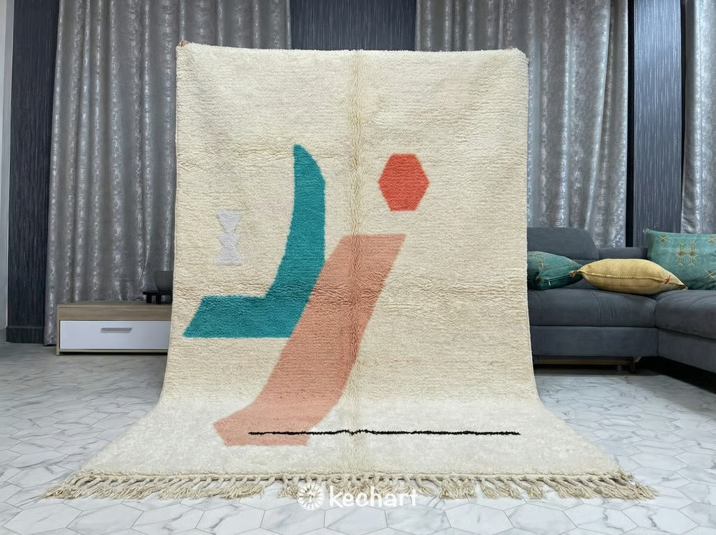 Close-up detail shot of the thick wool pile and traditional fringe of a custom handcrafted Beni Ourain rug, showing the intricate weaving of colorful geometric motifs.