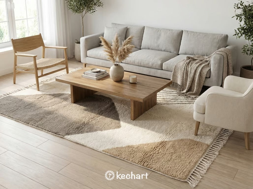 A large, custom-sized taupe Beni Ourain rug anchors a minimalist living room, complementing a cream linen sofa and natural wood coffee table.