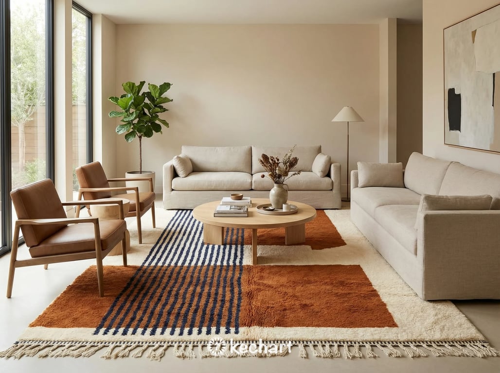 Large custom Moroccan wool area rug anchoring a modern bohemian living room with a neutral linen sofa, wood coffee table, and rust colored accents.