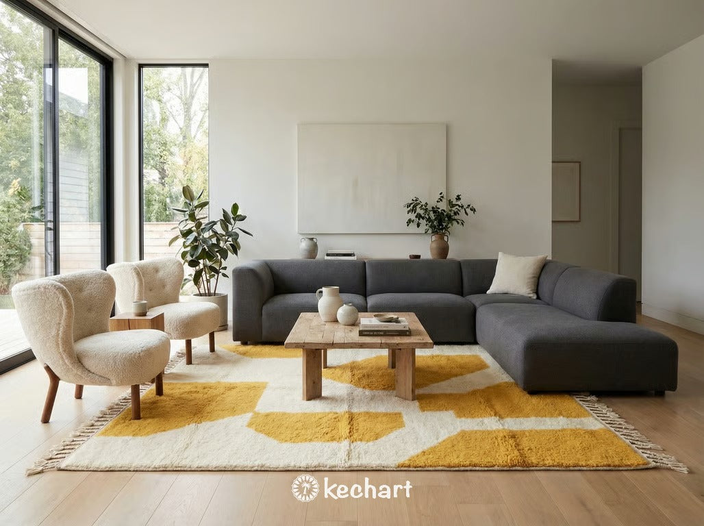 Soft, handwoven Berber rug in cream and unique saffron yellow in a stylish nursery, providing a gentle play area on wooden floors.