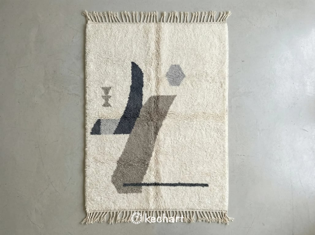 Custom made Beni Ourain Moroccan rug flat lay showing plush wool texture in slate grey, light silver, and soft white geometric diamond pattern with traditional fringe detail.