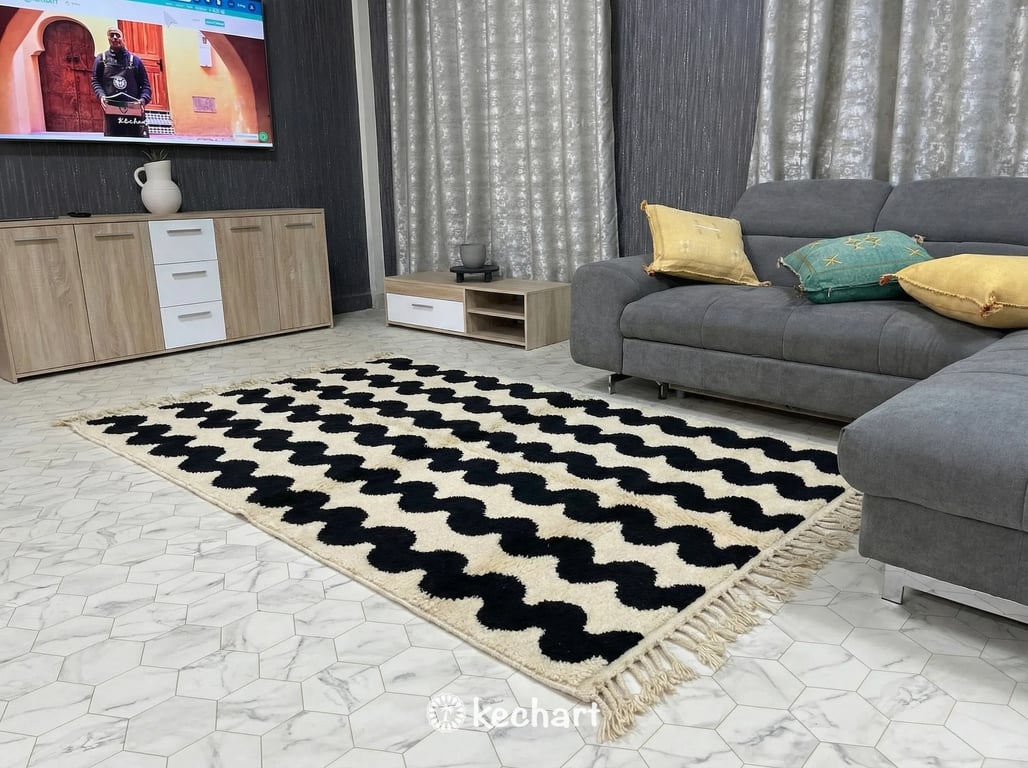A cozy bohemian bedroom featuring a thick, shaggy cream and black Moroccan Beni Ourain rug partially tucked under a queen-sized bed.