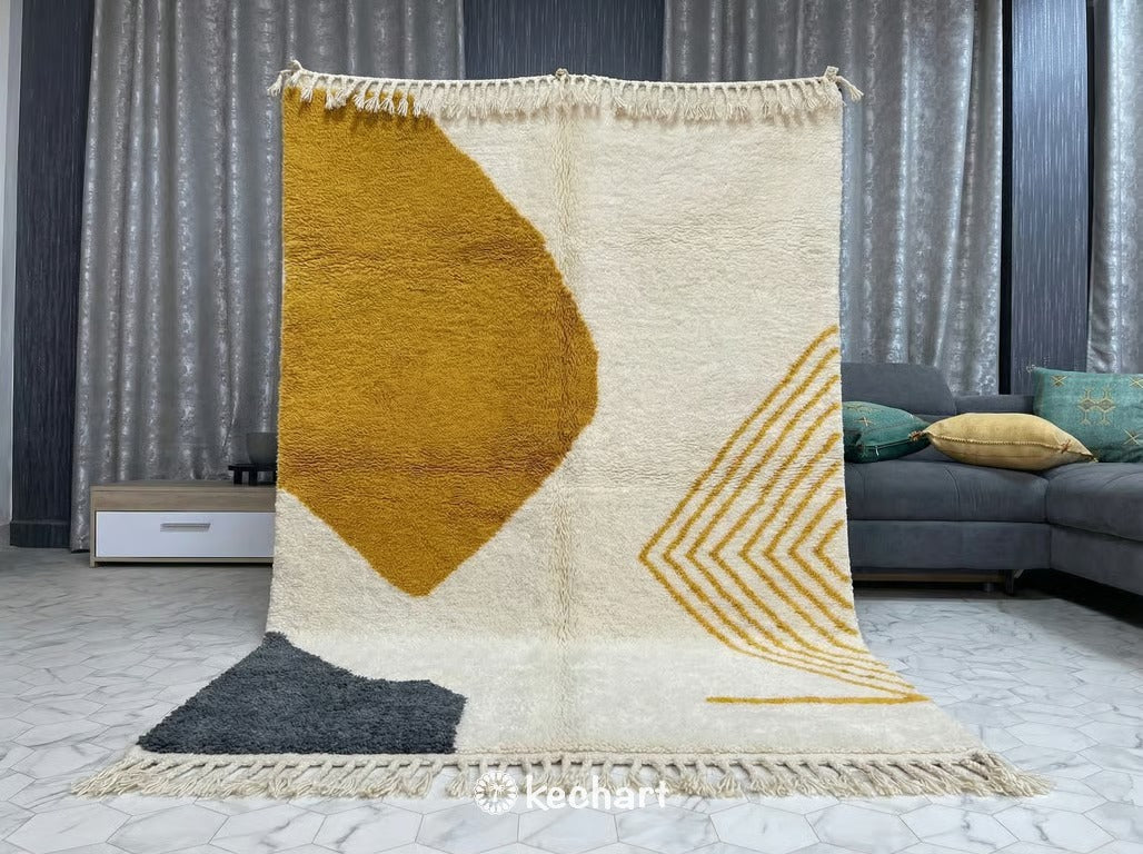Handwoven Custom Beni Ourain Rug - Natural Cream & Curry Yellow Wool