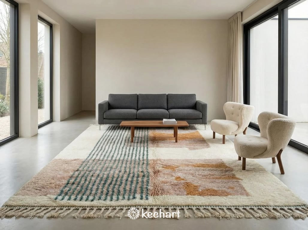 Plush Moroccan shaggy rug in a cozy master bedroom setting placed partially under a bed, showcasing the thick natural wool pile and traditional diamond design.
