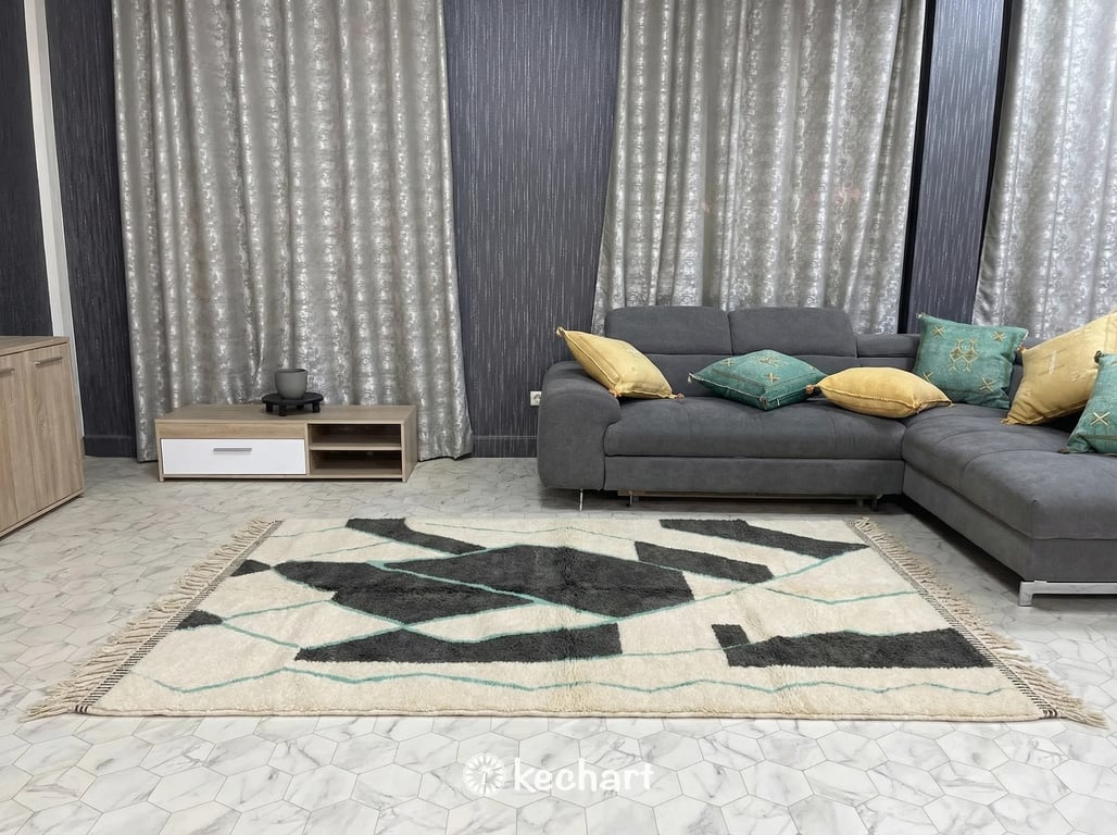 Custom Beni Ourain Rug - Handwoven Moroccan Wool in Cream, Charcoal & Mint