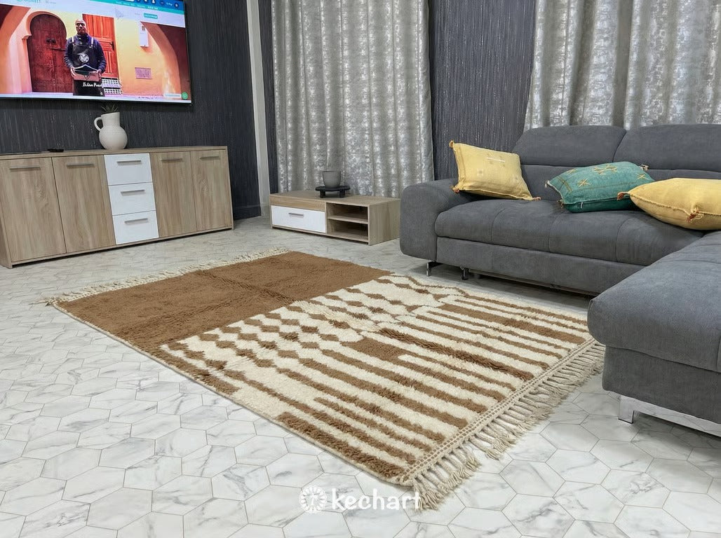 Authentic handmade Berber rug from Morocco in a custom size, adding warmth and texture to a modern home office space.