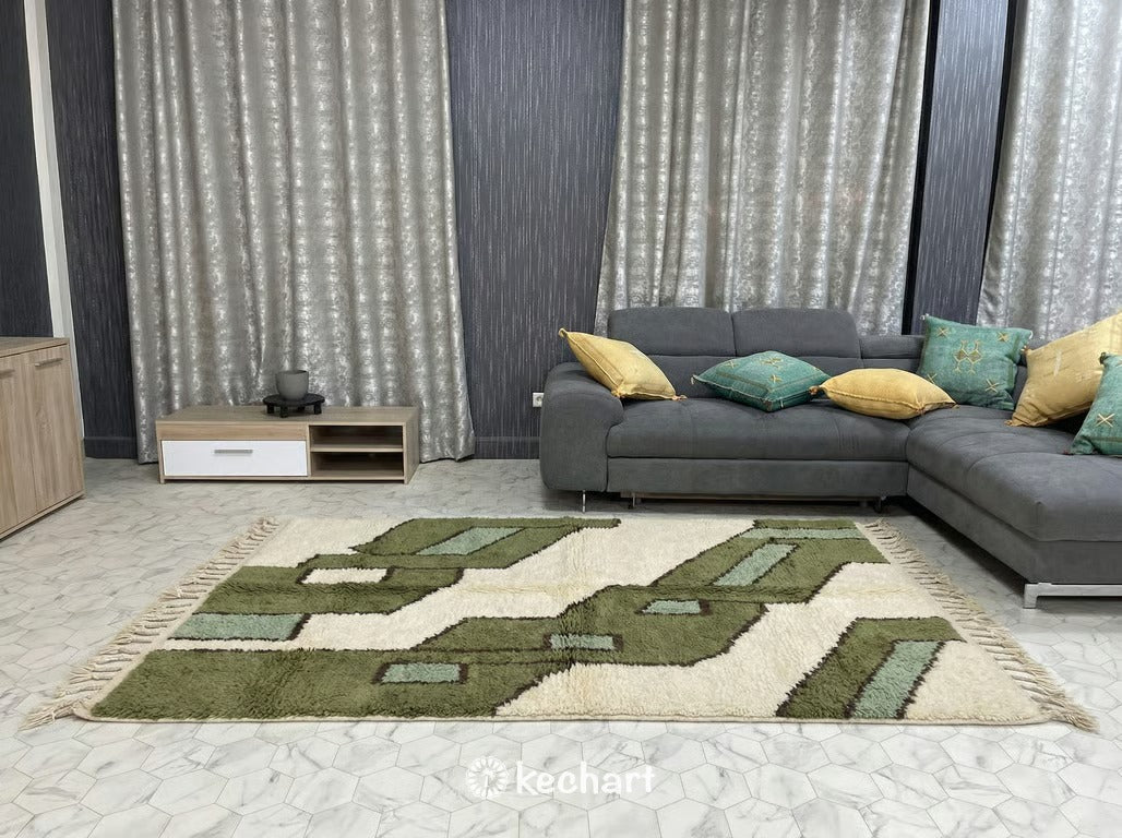 Custom Size Beni Ourain Moroccan Rug - Olive, Sage & Beige Wool