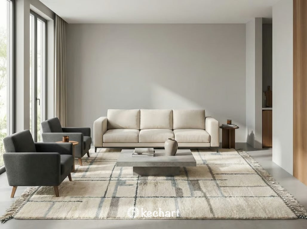 Large custom grey and white Beni Ourain area rug anchoring a modern minimalist living room with a linen sofa and reclaimed wood coffee table.