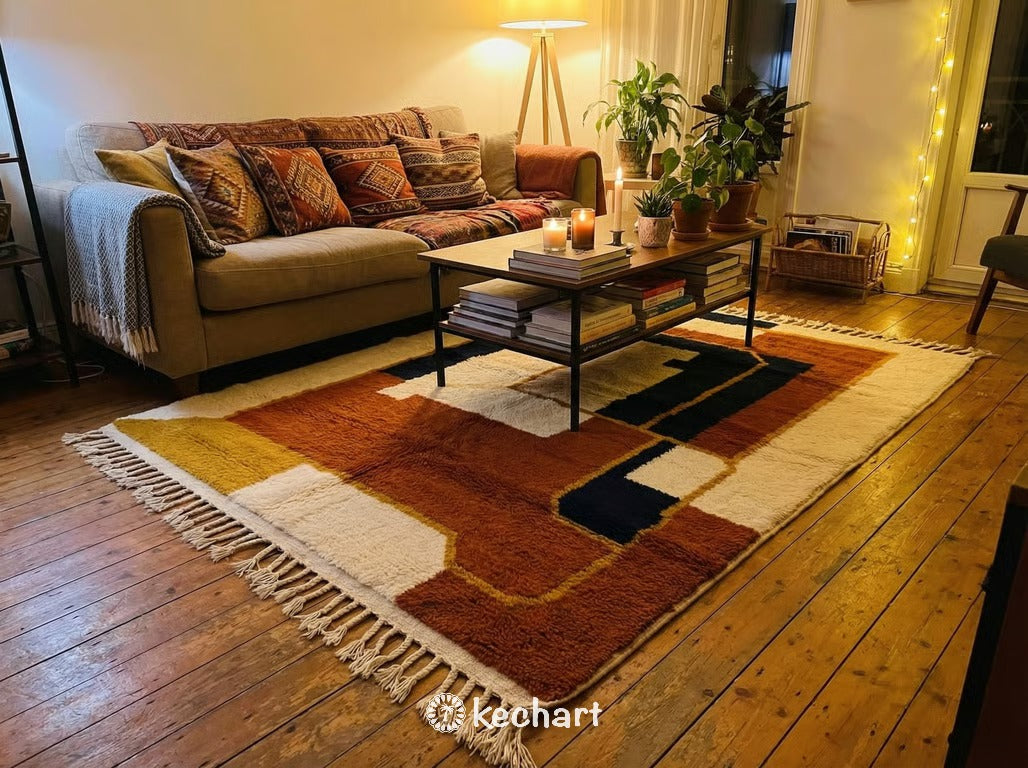 Custom Beni Ourain Rug - Made to Order Moroccan Wool with Rust & Navy Geometrics