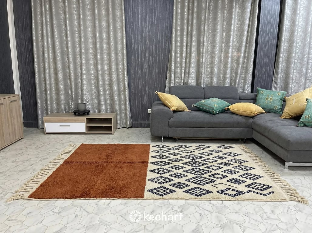 Made to Order Beni Ourain Rug - Custom Moroccan Wool, Rust & Navy Diamonds