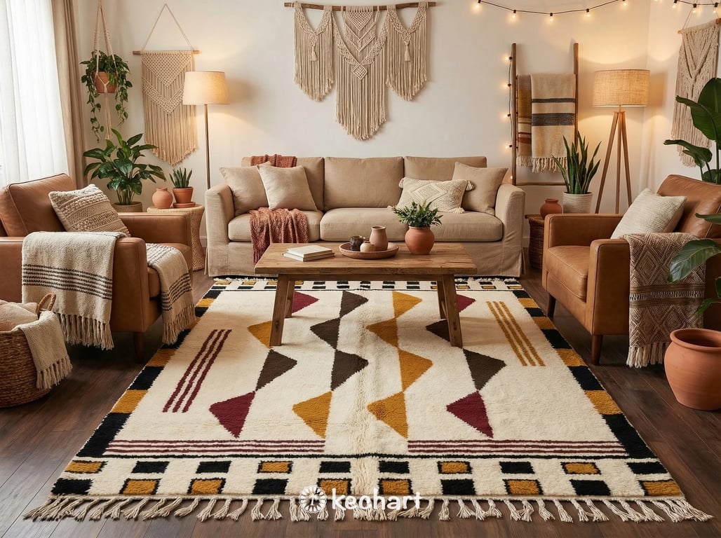 Handwoven Beni Ourain shag rug placed under a bed in a master suite, adding warmth and luxurious texture to a minimalist bedroom decor