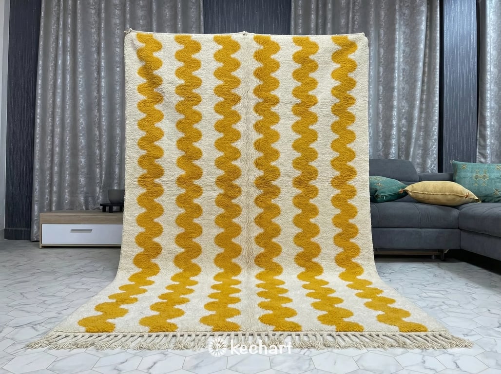 Cozy bohemian bedroom featuring a fluffy, made-to-order Moroccan shag rug at the foot of a bed, adding warmth with its saffron diamond motifs.