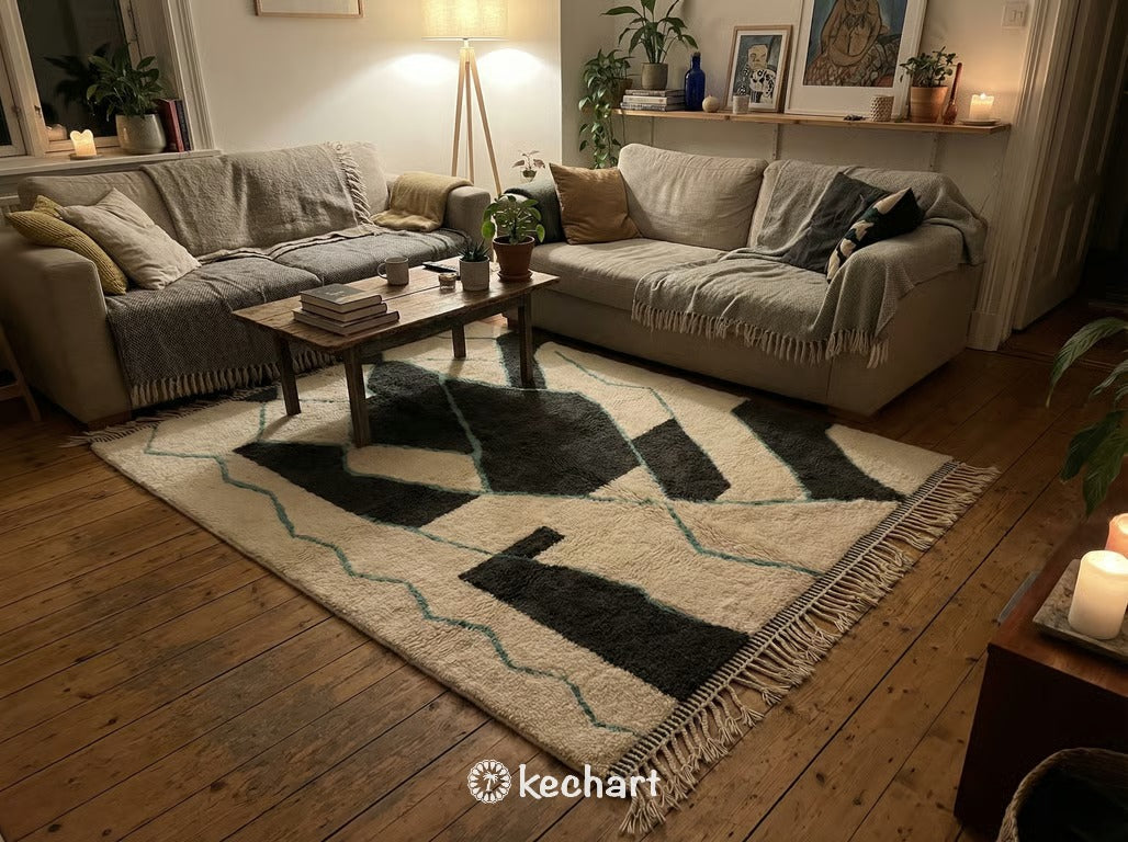 Custom Beni Ourain Rug - Handwoven Moroccan Wool in Cream, Charcoal & Mint