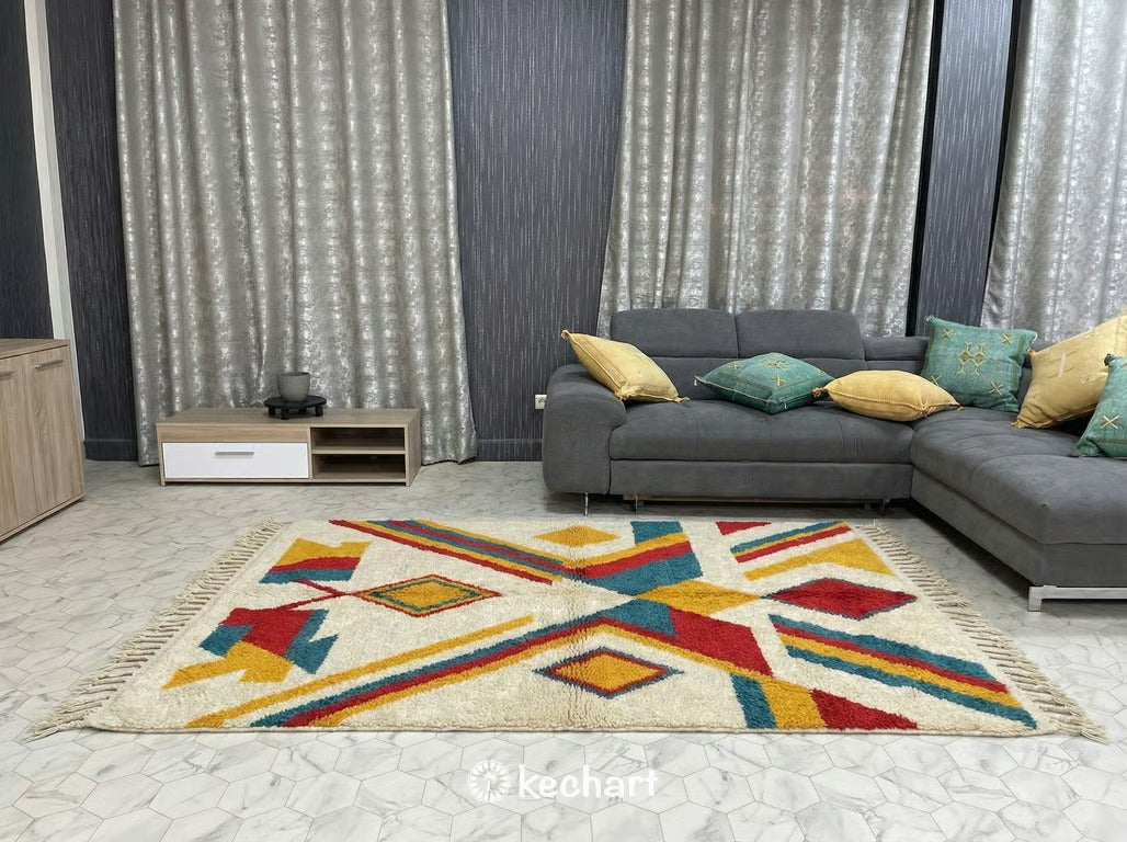 Custom Beni Ourain Rug - Made to Order Colorful Moroccan Wool Rug (Saffron, Blue, Red)