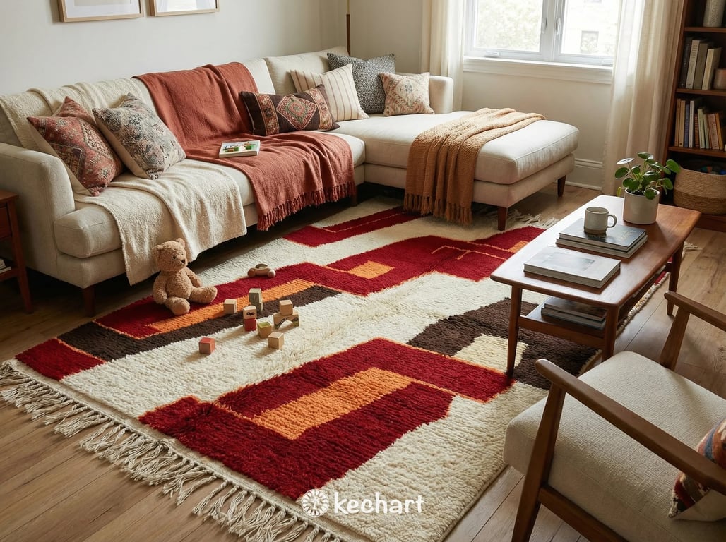 Custom Beni Ourain Rug - Handmade Moroccan Wool in Crimson, Orange & Cream