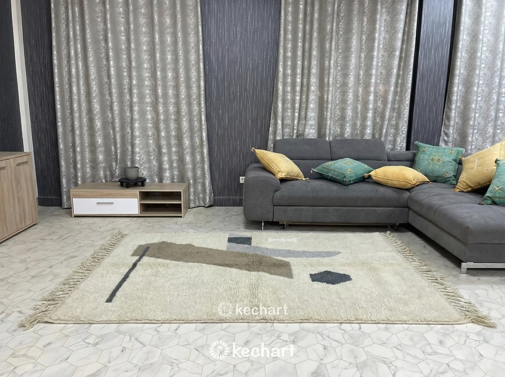 Elegant made-to-order Berber wool rug with grey diamond motifs warming up a Scandinavian dining space with light oak furniture.