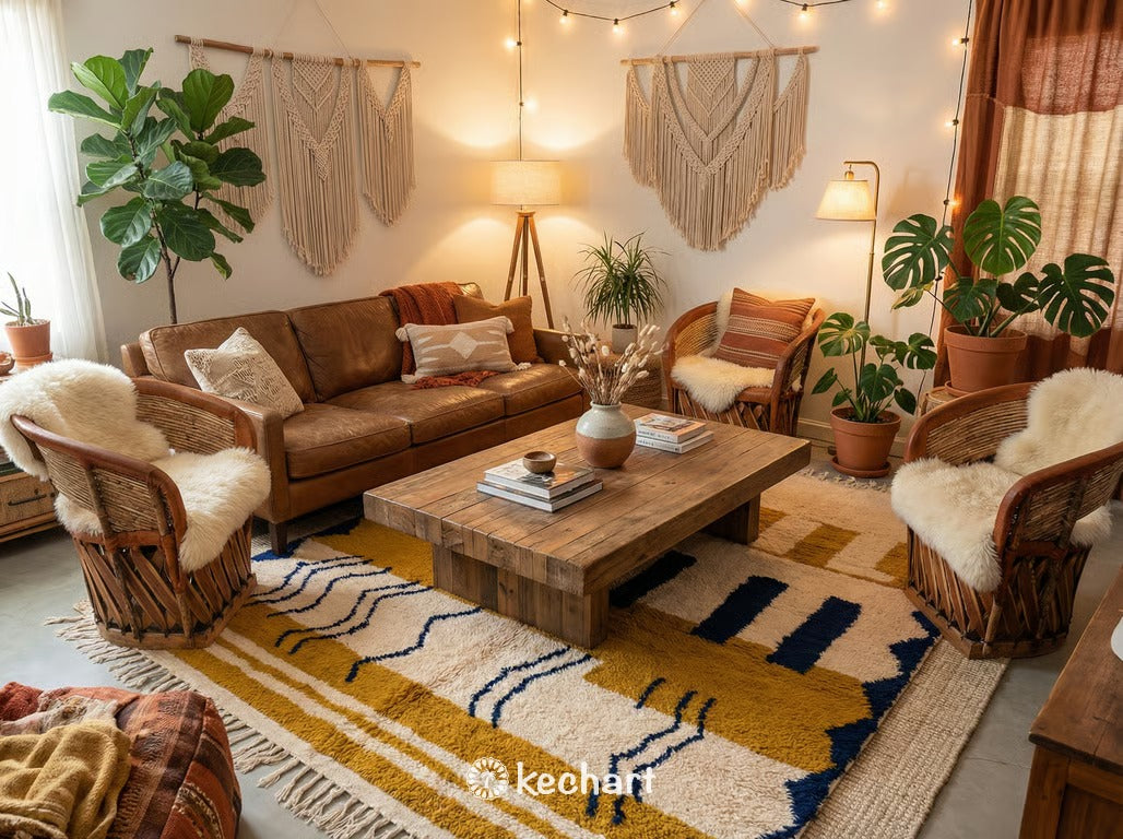 Large custom Moroccan wool area rug styled in a bohemian living room setting, anchored under a leather sofa highlighting the warm rust and navy tones.