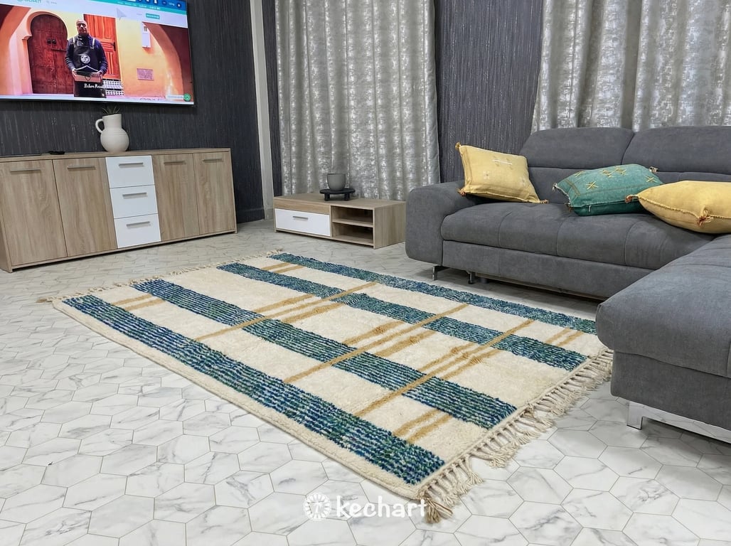 Vibrant custom size Moroccan rug with playful geometric colors used as a soft floor covering in a design-conscious nursery or playroom.