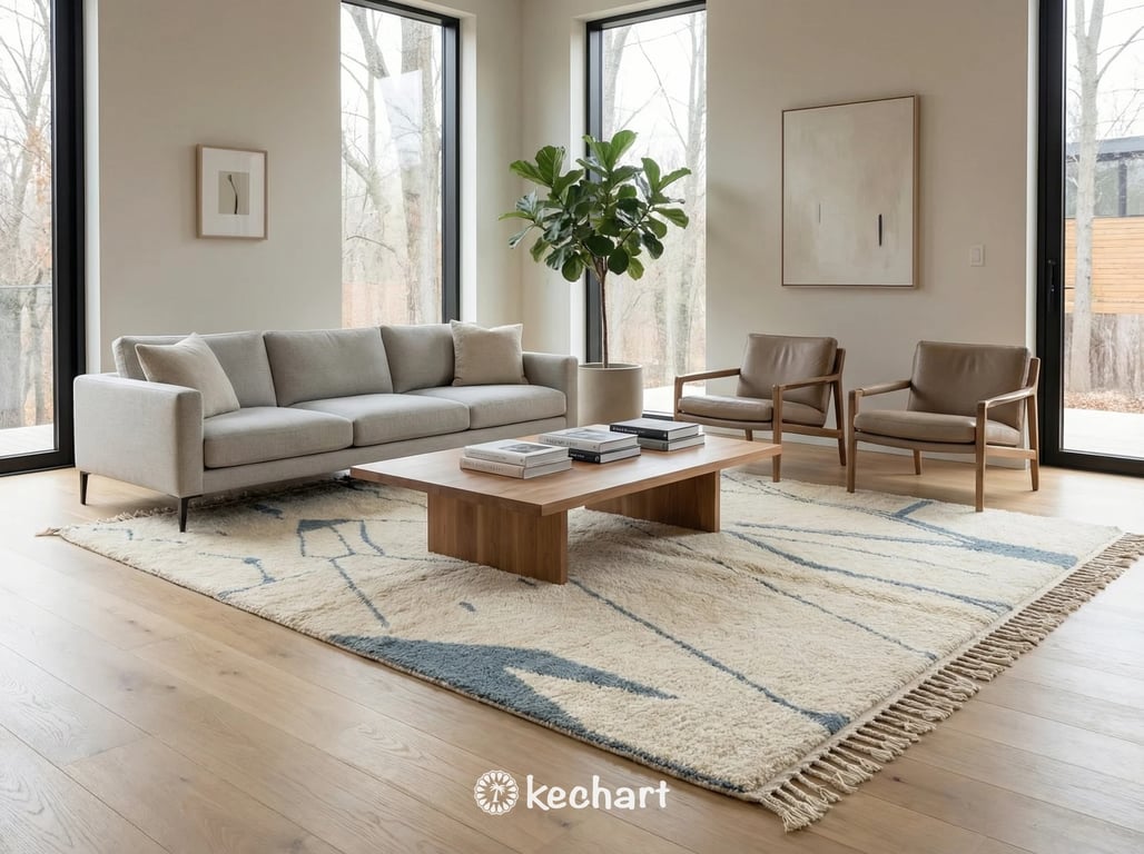 Large made to order Beni Ourain area rug in cream and blue grey anchoring a minimalist living room with a white linen sofa and natural wood coffee table.