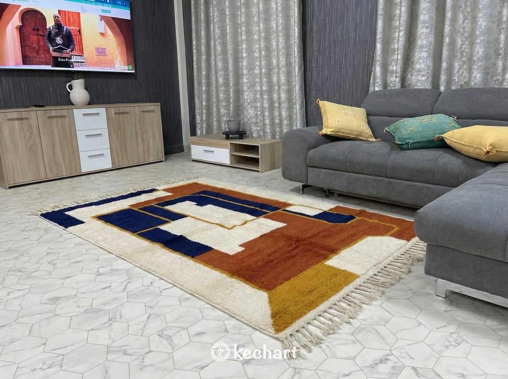 Custom Beni Ourain Rug - Made to Order Moroccan Wool with Rust & Navy Geometrics