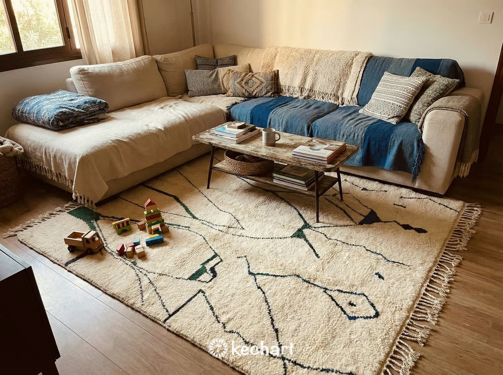 Custom Beni Ourain Rug - Handwoven Moroccan Wool, Cream & Sapphire Blue
