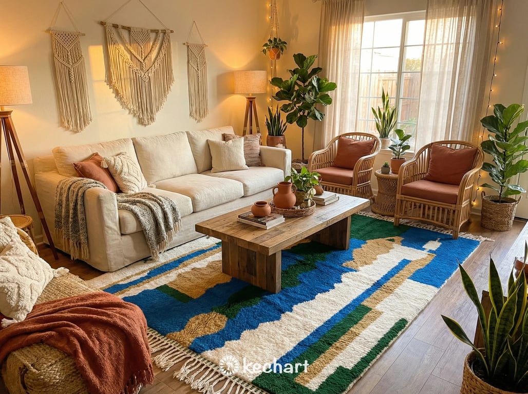 Plush blue, gold, and green geometric Moroccan wool rug placed at the foot of a bed in a bright, modern bedroom setting.