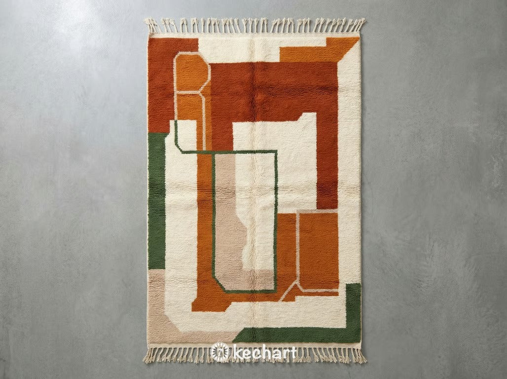 Custom made Beni Ourain Moroccan wool rug with geometric diamond pattern in warm rust, beige, pesto, and marmalade tones, showing plush shaggy texture and traditional fringe.