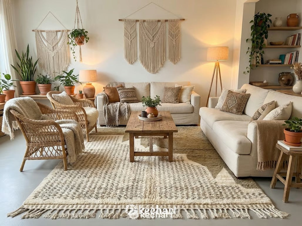 Large Minimalist Moroccan Wool Rug in a Scandi-Style Space, Highlighting the Artisan Quality and Subtle Geometric Pattern