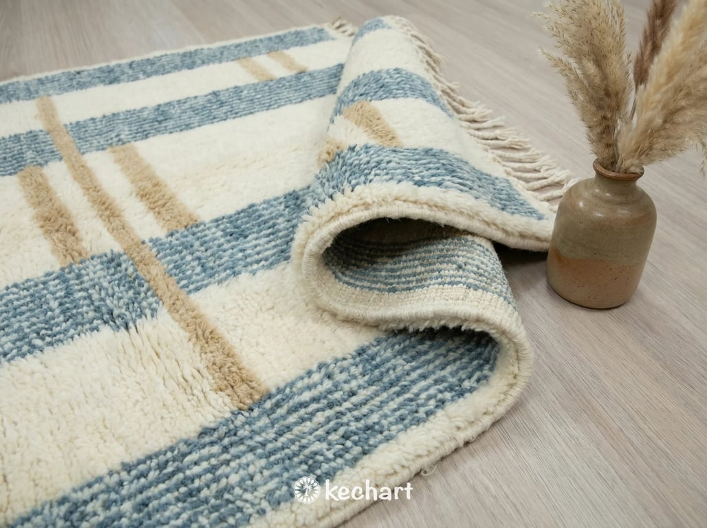 Custom Size Beni Ourain Rug - Handwoven Moroccan Wool in Dusty Blue & Cream