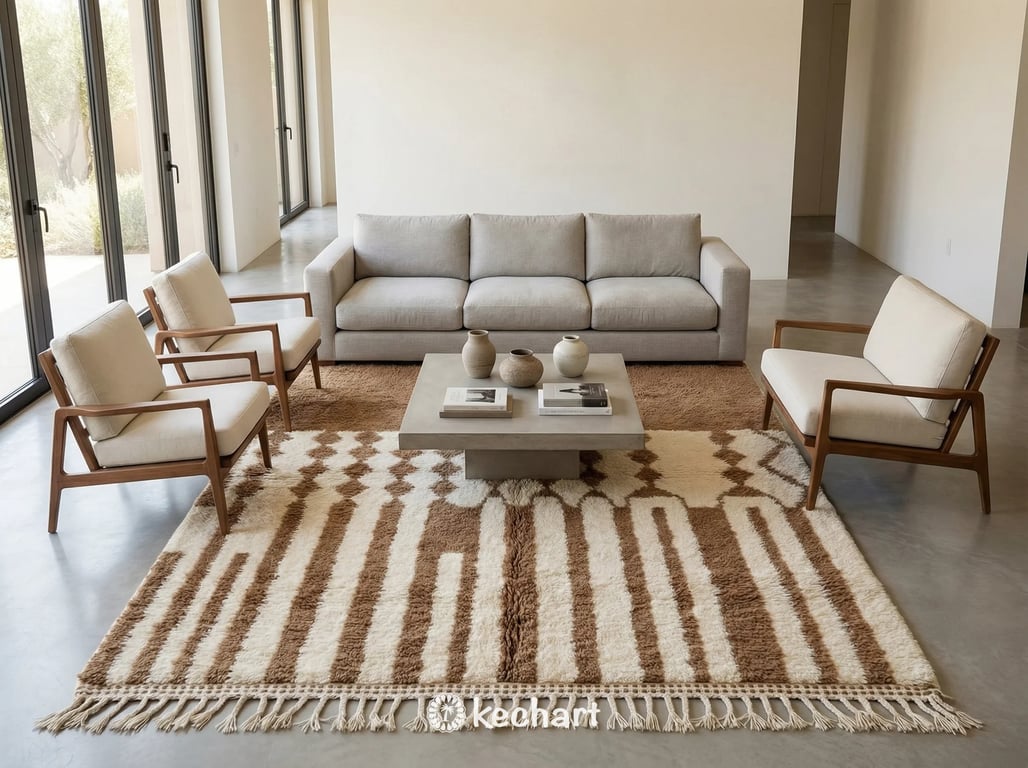 Close-up detail showing the thick handwoven wool texture and medium density geometric diamond motif of a custom brown Beni Ourain rug.