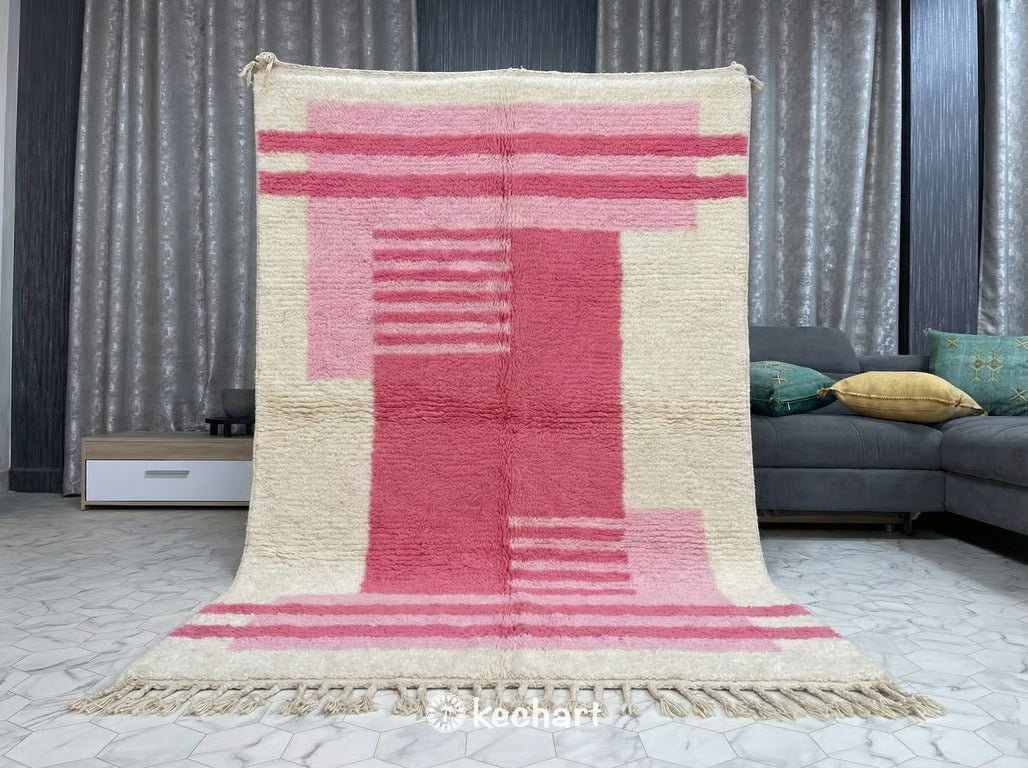 Custom Beni Ourain Rug - Soft White & Candy Pink Geometric Diamond Pattern