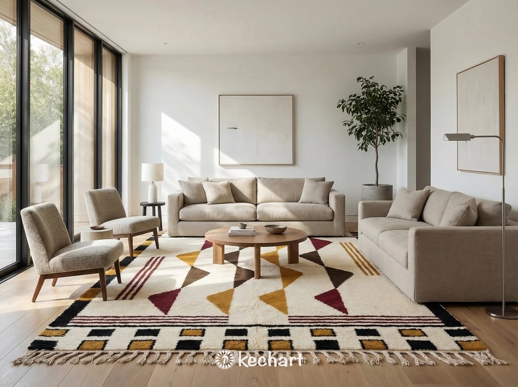 Large custom Moroccan area rug in a bohemian living room setting, anchoring a neutral sofa with its rich multi-color geometric design and shaggy pile