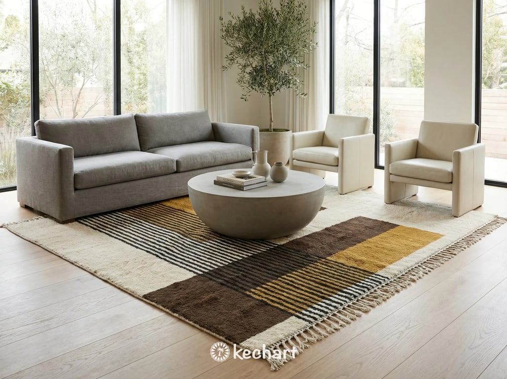 Plush made-to-order Beni Ourain shag rug providing a soft landing in a serene, minimalist master bedroom suite.