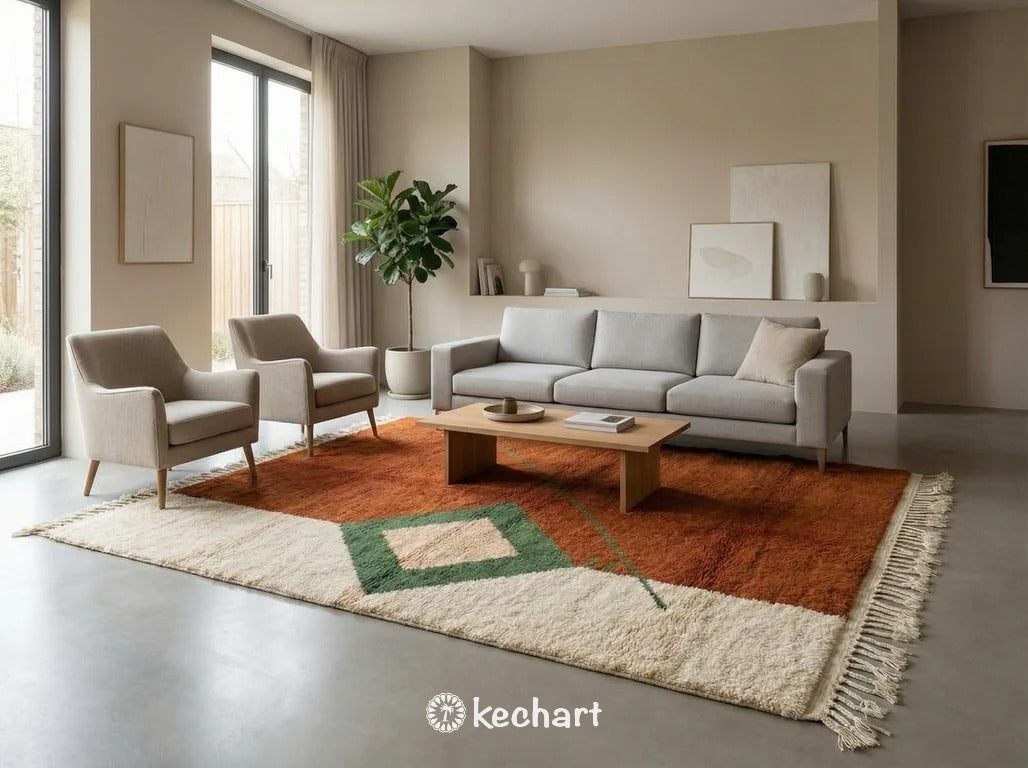 Modern bohemian living room featuring a large custom Beni Ourain area rug in warm earth tones anchoring a cream linen sofa and wooden coffee table.