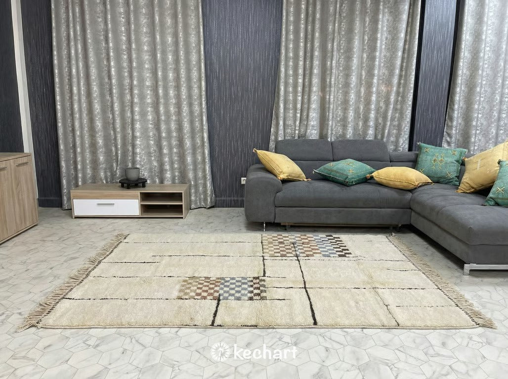 Custom Beni Ourain Wool Rug - Handwoven Geometric Design in Sand & Blue Tones