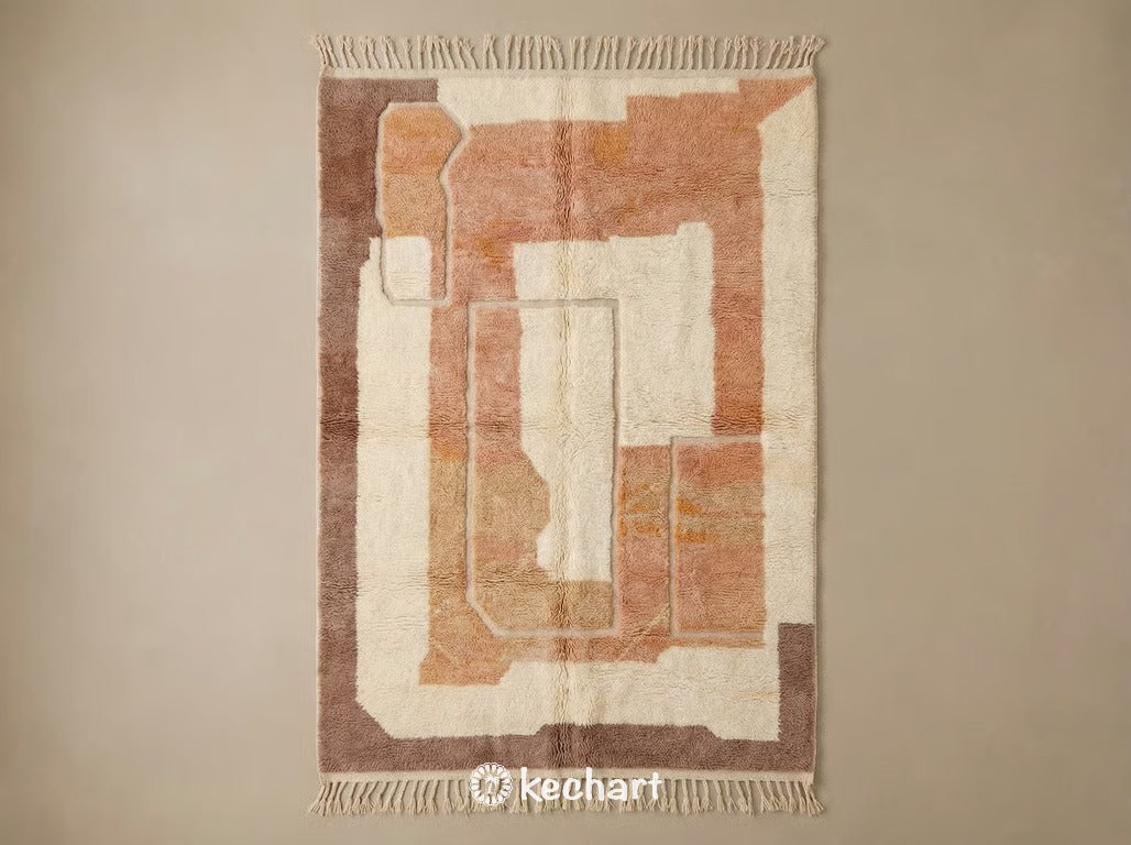 Custom made Beni Ourain Moroccan wool rug featuring plush texture and geometric diamond pattern in warm Sierra red, Saffron yellow, beige, and leather brown tones with traditional fringe.