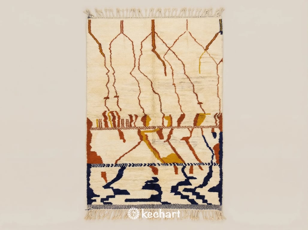 Custom made to order Beni Ourain Moroccan wool rug flat lay showing shaggy texture. Cream base with geometric diamond pattern in rust, midnight navy, and curry yellow accents, finished with traditional fringe.