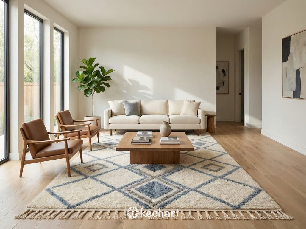 Handwoven Moroccan shag rug placed beneath a queen bed in a bohemian bedroom setting, highlighting the thick wool texture and wabi-sabi blue and grey design.