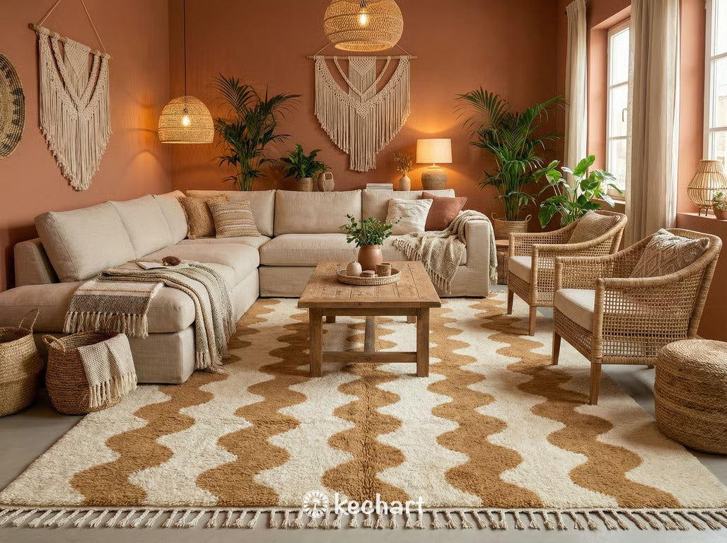 Custom Moroccan Beni Ourain area rug in cream and camel tones, anchoring a minimalist living room with a linen sofa and wooden coffee table.