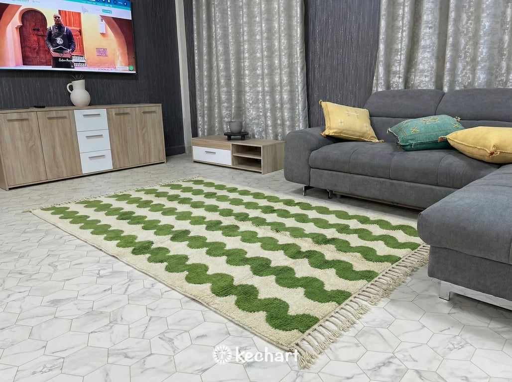 Soft handwoven Moroccan rug with green diamond patterns in a modern nursery setting, providing a cozy play area on light oak floors.