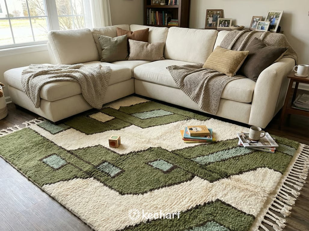 Custom Size Beni Ourain Moroccan Rug - Olive, Sage & Beige Wool
