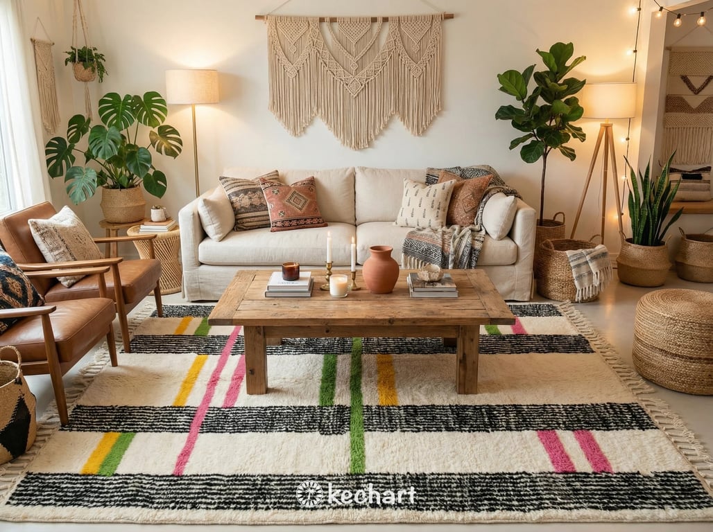 A colorful custom Moroccan shag rug anchoring a contemporary living room, placed beneath a velvet sofa and modern coffee table, adding texture and vibrant pops of color.