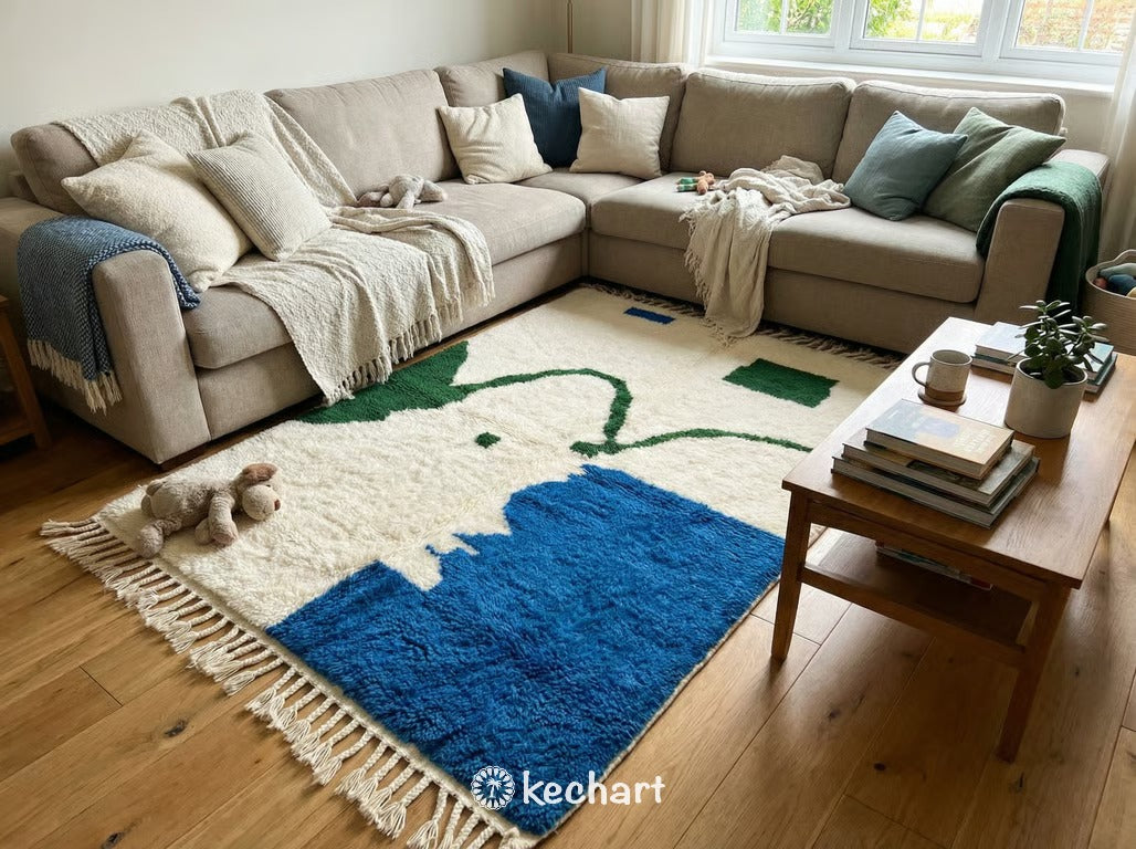 Custom Size Beni Ourain Rug - Handwoven Moroccan Wool in Cream, Blue & Green