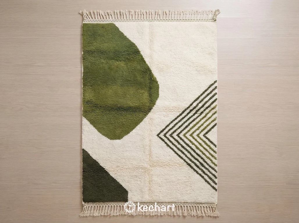 Custom made Beni Ourain Moroccan wool rug showing plush shaggy texture and geometric diamond pattern in tones of kombu green, pesto, and olive.