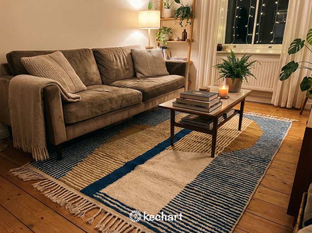 Custom Beni Ourain Rug - Handwoven Moroccan Wool, Blue & Gold Geometric Pattern