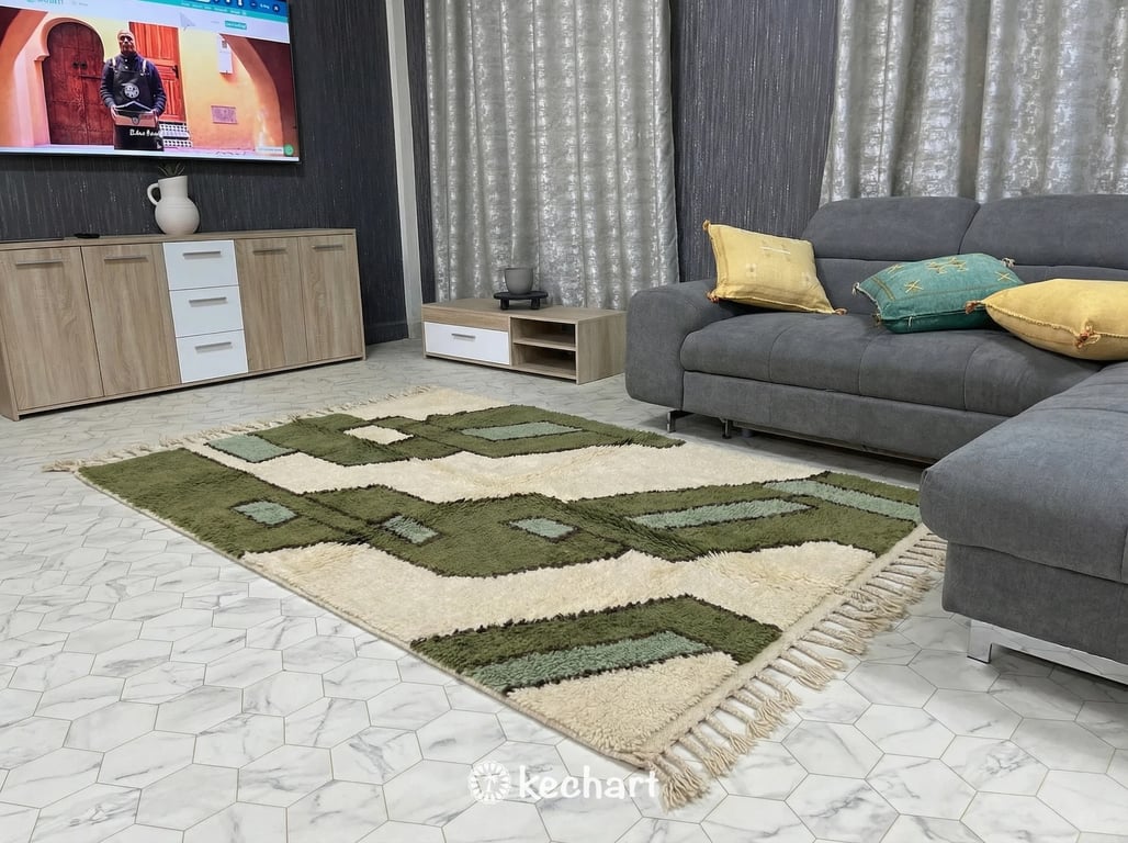 Large custom size geometric Moroccan rug defining a spacious entryway, bridging modern design with traditional artisan craftsmanship in muted green colors.
