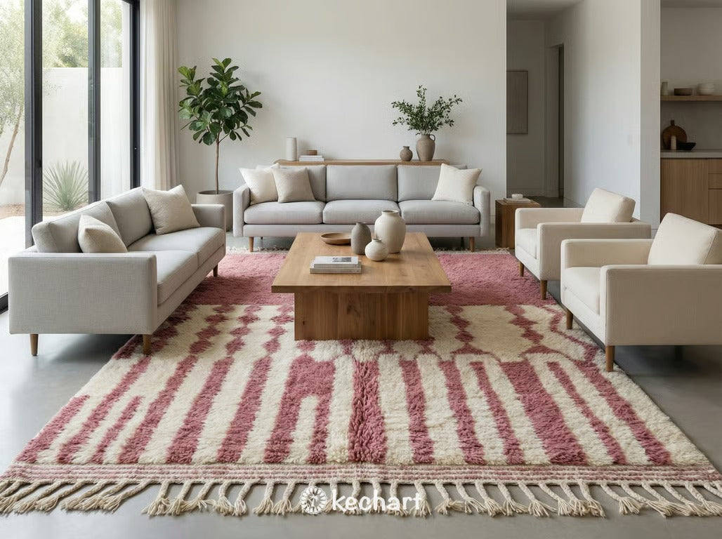 Plush made-to-order Moroccan wool rug in muted slate pink hue placed beside a bed, adding warmth and texture to a bohemian bedroom sanctuary.